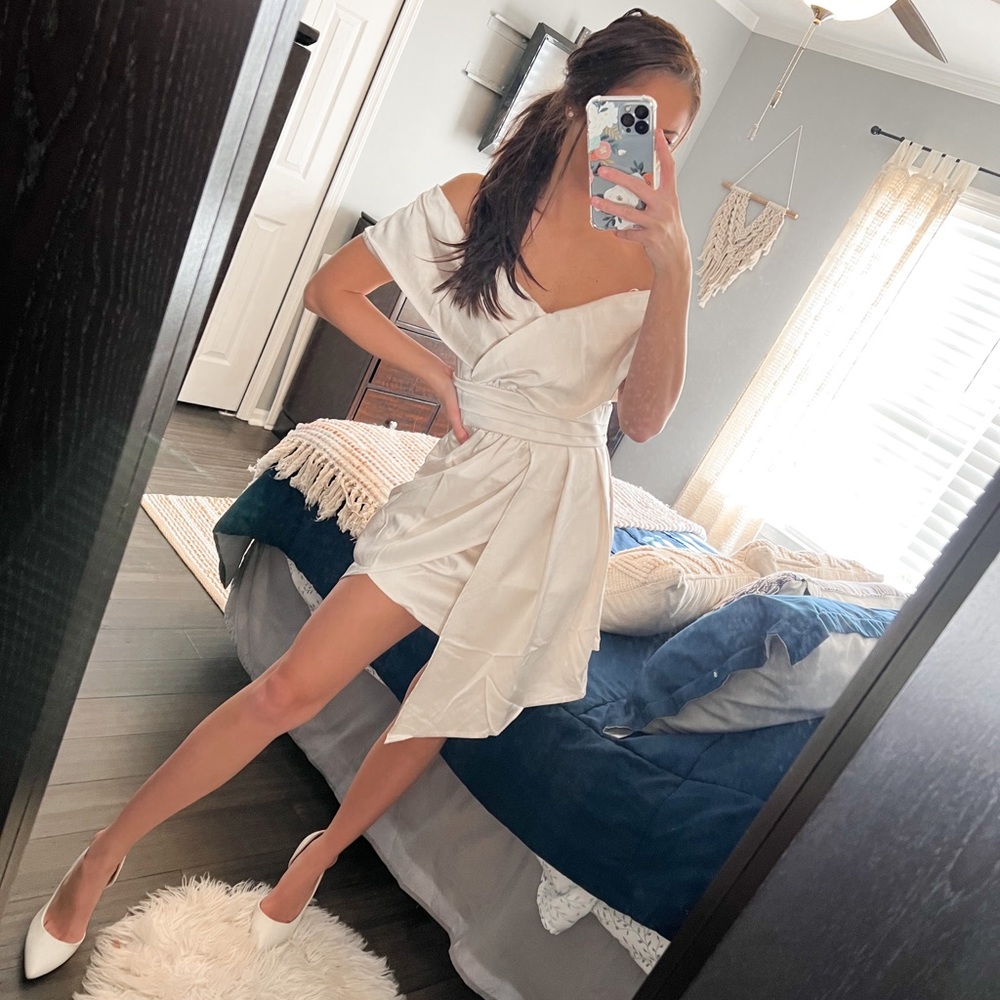 Ivory Satin Off the Shoulder Mini Dress